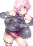  1girl alternate_breast_size bare_shoulders blush bodysuit breasts cleavage curvy erect_nipples eyelashes fate/grand_order fate_(series) female gloves hair_over_one_eye hand_on_breast highres huge_breasts looking_at_viewer mash_kyrielight mozu-k open_mouth pink_hair pose red_eyes shiny shiny_skin short_hair solo standing wide_hips 
