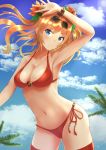  1girl armpits bikini blonde_hair blue_eyes blush bracelet breasts cleavage cloud collarbone commentary_request day eyewear_on_head flower granblue_fantasy hair_flower hair_ornament hand_up head_tilt jewelry lens_flare long_hair looking_at_viewer medium_breasts midriff navel o-ring o-ring_bikini palm_tree red_bikini red_legwear side-tie_bikini smile solo sonsup124 sunglasses swimsuit thighhighs tree twintails zeta_(granblue_fantasy) 