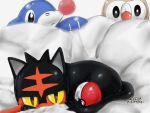  bed_sheet black_eyes black_sclera closed_mouth creatures_(company) game_freak gen_7_pokemon japanese_text litten looking_at_viewer lying nintendo no_humans poke_ball poke_ball_(generic) pokemon pokemon_(creature) popplio red_eyes rowlet shiny shiny_skin sunaxet translation_request watermark white_background white_eyes yellow_sclera 