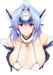  1girl bangs bare_shoulders bikini_top black_gloves blue_hair breasts cleavage commentary_request erect_nipples eyebrows_visible_through_hair gloves harukon_(halcon) headgear highres kos-mos large_breasts long_hair parted_lips red_eyes shiny shiny_hair shiny_skin simple_background solo upper_body white_background xenosaga 