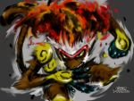  blue_eyes clenched_hand clenched_teeth creatures_(company) fire furry game_freak gen_4_pokemon grey_background infernape japanese_text looking_up monkey_tail nintendo no_humans pokemon pokemon_(creature) simple_background solo sunaxet tail teeth translation_request watermark yellow_sclera 