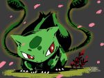  bulbasaur claws closed_mouth creatures_(company) full_body game_freak gen_1_pokemon grass grey_background japanese_text looking_to_the_side nintendo no_humans petals pokemon pokemon_(creature) red_eyes solo sunaxet tentacle translation_request watermark yellow_outline 
