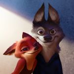  2016 anthro black_nose brown_eyes canid canine canis clothed clothing disney duo eyelashes female fox fur grey_fur half-closed_eyes looking_at_viewer male mammal orange_fur smile wayn_animation wolf zootopia 