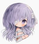  1girl :o bandage bandage_over_one_eye bandaged_arm bandaged_leg bandages bare_shoulders blush breasts chibi cleavage cottontailtokki fate/grand_order fate_(series) full_body grey_background hand_up head_tilt highres kingprotea long_hair looking_at_viewer moss parted_lips purple_eyes purple_hair simple_background sitting small_breasts solo very_long_hair wariza 