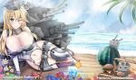  1girl beach blonde_hair blue_eyes blue_sky breasts cannon cloud crab day drink elbow_gloves fingerless_gloves food front-tie_top fruit garter_straps gloves hamburger headgear huge_breasts iowa_(kantai_collection) kantai_collection kuroakei_(pixiv5742644) looking_at_viewer machinery miniskirt mismatched_legwear one_eye_closed outdoors rensouhou-chan sitting skirt sky smile solo star star-shaped_pupils striped striped_legwear symbol-shaped_pupils thighhighs turret vertical-striped_legwear vertical_stripes watermelon yokozuwari 