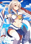  1girl armpits ayanami_(azur_lane) azur_lane bangs bare_shoulders belt bima_rahmaa black_choker blue_sailor_collar blue_skirt blue_sky blush bouncing_breasts breasts choker closed_mouth cloud commentary_request crop_top crop_top_overhang day detached_sleeves expressionless eyes_closed hair_between_eyes hair_ornament hairclip high_ponytail holding holding_sword holding_weapon knee_up long_hair long_sleeves looking_at_viewer medium_breasts miniskirt navel neckerchief orange_eyes outdoors pleated_skirt ponytail sailor_collar silver_hair skirt sky solo splashing stomach sword thighhighs torpedo_tubes unaligned_breasts underboob water weapon white_legwear wide_sleeves yellow_neckwear 