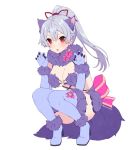  animal_ears bow claw_pose claws cosplay dangerous_beast elbow_gloves fate/grand_order fate_(series) fur-trimmed_gloves fur-trimmed_legwear fur_collar fur_trim gloves hair_ribbon o-ring o-ring_top pink_bow ponytail purple_gloves purple_legwear red-eyes red_eyes red_ribbon revealing_clothes ribbon rosuuri silver_hair squatting tail tomoe_gozen_(fate/grand_order) wolf_ears wolf_tail 