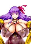  1girl bare_shoulders belt blush bodysuit bow breasts choker cleavage curvy erect_nipples eyelashes fate/extra fate/extra_ccc fate/grand_order fate_(series) female gigantic_breasts highres long_hair looking_at_viewer mozu-k open_mouth passion_lip pose purple_eyes purple_hair shiny shiny_skin solo standing wide_hips 
