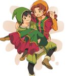  1boy 1girl breasts commentary_request curly_hair dragon_quest dragon_quest_vii dress green_eyes hat hero_(dq7) hood long_hair maribel_(dq7) miyama_(kannsannn) open_mouth red_hair smile 