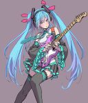  1girl aqua_eyes aqua_hair bangs bare_shoulders black_legwear blue_nails bow breasts commentary_request detached_sleeves electric_guitar fingernails frills grey_background guitar hair_bow hair_ornament hatsune_miku headphones highres holding instrument long_hair medium_breasts nail_polish necktie parted_lips pleated_skirt plectrum simple_background skirt solo thighhighs twintails vocaloid wide_sleeves yamashita_shun&#039;ya zettai_ryouiki 