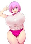  1girl arms_up blush breasts cleavage curvy erect_nipples eyelashes fate/grand_order fate_(series) female gym_uniform highres huge_breasts looking_at_viewer mash_kyrielight mozu-k open_mouth pink_hair pose purple_eyes shiny shiny_skin short_hair short_shorts shorts simple_background smile solo standing wide_hips wink 