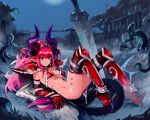  1girl armor bikini_armor blue_eyes bottomless breasts cape elizabeth_bathory_(brave)_(fate) elizabeth_bathory_(fate)_(all) fate/grand_order fate_(series) gauntlets graveyard greaves horns long_hair looking_at_viewer navel night night_sky pink_hair planted_sword planted_weapon pointy_ears reclining red_armor shoulder_armor sky slime small_breasts solo stomach sword tail tentacle typo_(requiemdusk) undone very_long_hair weapon 