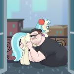 2015 arareroll balcony blush brony coco_pommel_(mlp) duo earth_pony equid equine female feral friendship_is_magic hair horse hug human male mammal multicolored_hair my_little_pony obese outside overweight pony two_tone_hair 