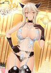  1girl areolae artoria_pendragon_(all) artoria_pendragon_(lancer_alter) babydoll bangs bare_shoulders black_gloves black_legwear black_panties blonde_hair blush bracelet breasts choker cleavage commentary_request cowboy_shot craft_essence dark_persona dutch_angle fate/grand_order fate_(series) garter_belt garter_straps glint gloves hair_between_eyes hand_on_hip hand_up horns indoors jewelry large_breasts light_particles lingerie long_hair looking_at_viewer navel necklace panties parted_lips ppshex revealing_clothes royal_icing see-through shiny shiny_skin sidelocks skindentation smile solo sparkle thighhighs underwear yellow_eyes 