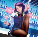  1girl alcohol bangs bar bartender black_legwear cigarette cocktail_glass commentary_request counter cup drinking_glass hayakawa_pao headphones headphones_around_neck holding holding_cup indoors julianne_stingray long_hair long_sleeves looking_at_viewer pantyhose purple_hair red_eyes smoke smoking solo swept_bangs twintails va-11_hall-a 