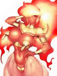  1girl arm_up breasts cleavage fire fumio_(rsqkr) hair_over_one_eye hand_on_hip highres hip_focus large_breasts lips looking_at_viewer midriff navel orange_hair power_stone red_eyes red_skin rouge_(power_stone) simple_background smile solo tassel thighs white_background 