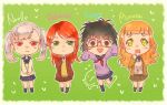  4girls alternate_costume arrow artist_request black_clover black_hair black_pants blue_eyes blush bow bowtie cardigan chibi classroom closed_mouth glasses green_eyes half-closed_eyes highres long_sleeves mimosa_vermilion multiple_girls noelle_silva open_mouth orange_hair outstretched_arms pants pleated_skirt purple_hair rebecca_scarlet red_hair sailor_collar sally_(black_clover) school_uniform serafuku silver_hair sitting skirt sleeves_past_wrists smile sparkling_eyes spread_arms text_focus twintails wavy_mouth 