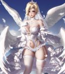  1girl artist_name bare_shoulders blonde_hair blue_background blue_eyes blush breasts bridal_veil cleavage closed_mouth collarbone commentary detached_sleeves elbow_gloves english_commentary feathered_wings feathers frills garter_straps gloves hand_on_own_chest highres large_breasts leotard liang_xing looking_at_viewer mercy_(overwatch) multiple_wings navel navel_cutout outstretched_arm overwatch red_lips short_hair signature skindentation smile solo standing strapless strapless_leotard thighhighs tiara veil waist_cape watermark web_address white_gloves white_legwear white_leotard white_wings wings 