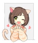  1girl :3 :d animal_ears bangs beige_sweater blunt_bangs blush bob_cut border brown_hair cat_ears cat_tail commentary fang green_eyes grey_background hands_up heart idolmaster idolmaster_cinderella_girls index_finger_raised kemonomimi_mode long_sleeves looking_at_viewer maekawa_miku one_eye_closed open_mouth outside_border ribbed_sweater seu_9(banya) short_hair sidelocks simple_background sleeves_past_wrists smile solo sweater tail upper_body w_arms white_border 