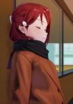  1girl black_scarf blurry blurry_background brown_coat chromatic_aberration coat eyes_closed hair_ornament hairclip half_updo long_hair long_sleeves love_live! love_live!_sunshine!! red_hair sakurauchi_riko scarf sellel smile solo upper_body window winter_clothes 