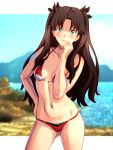  1girl bikini blush breasts brown_hair cameltoe fate_(series) green_eyes highres looking_at_viewer navel nike_(0306) small_breasts solo swimsuit tohsaka_rin 