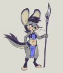 2019 anthro black_eyes black_fur black_hair bodypaint bracelet clothed clothing female fur grey_fur hair jewelry loincloth mammal melee_weapon polearm reign-2004 simple_background solo spear tan_background tan_fur unknown_species weapon whiskers 