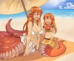  2girls beach beach_umbrella breasts closed_eyes commission day food fruit full_body hair_between_eyes hair_ornament hairclip happy highres holding holding_food horizon lamia long_hair midriff miia_(monster_musume) monster_girl monster_musume_no_iru_nichijou mother_and_daughter multiple_girls navel ocean open_mouth original pointy_ears red_hair ribbon sand scales sky sookmo tail tank_top umbrella watermelon 