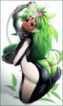  big_breasts big_butt blaster_master blush bodysuit breasts butt clothed clothing eyewear female flora_fauna flower goggles green_hair green_skin hair hi_res huge_breasts humanoid kanna_(blaster_master) looking_at_viewer not_furry picturd plant plant_humanoid skinsuit smile solo tight_clothing video_games voluptuous water wet 