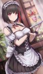  1girl alternate_costume apron bang_dream! bare_shoulders black_dress black_hair breasts cleavage closed_mouth commentary_request cowboy_shot curtains detached_collar detached_sleeves dress dutch_angle enmaided food frilled_apron frills fruit glass highres holding holding_tray large_breasts looking_at_viewer maid maid_apron maid_headdress mitake_ran multicolored_hair narafume parfait plant puffy_short_sleeves puffy_sleeves purple_eyes red_hair red_ribbon ribbon short_hair short_sleeves solo standing strawberry streaked_hair sweat tray two-tone_hair waist_apron window wrist_cuffs 