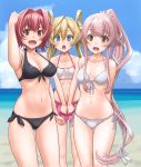  3girls abukuma_(kantai_collection) beach bikini black_bikini blonde_hair blue_eyes blue_sky blush breasts brown_eyes cloud double_bun eyebrows_visible_through_hair hair_between_eyes hair_flaps hair_ribbon hair_rings highres kantai_collection kinu_(kantai_collection) long_hair medium_breasts miniskirt multiple_girls navel ocean open_mouth pink_hair ponytail red_hair ribbon short_hair side_ponytail skirt sky small_breasts swimsuit t2r very_long_hair white_bikini yura_(kantai_collection) 