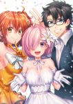  1boy 2girls alternate_costume alternate_hair_ornament bare_shoulders black_hair black_jacket breasts cleavage collarbone commentary dress eyebrows_visible_through_hair eyes_visible_through_hair fate/grand_order fate_(series) flower formal fujimaru_ritsuka_(female) fujimaru_ritsuka_(male) glasses gloves hair_between_eyes hair_flower hair_ornament happy jacket kamuinii large_breasts looking_at_viewer mash_kyrielight medium_hair multiple_girls open_mouth orange_dress orange_eyes orange_gloves orange_hair ribbon shirt short_hair side_ponytail simple_background smile upper_body v white_dress white_gloves white_neckwear white_shirt 