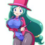  1girl a-ktoo black_legwear blue_leotard blue_shirt blush breasts collared_shirt cowboy_shot earrings eyebrows_visible_through_hair formal gen_4_pokemon gradient green_hair hat hat_ribbon heart huge_breasts jacket jewelry leotard leotard_under_clothes long_hair long_sleeves looking_at_viewer magician necklace open_mouth pantyhose pink_headwear pink_jacket pink_neckwear pokemon pokemon_(anime) ribbon shirt shizue_(pokemon) simple_background smile suit tied_hair top_hat very_long_hair wand white_background yellow_ribbon 
