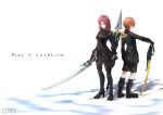  2girls absurdres black_clothes boots copyright_name cosplay dms highres hoshizora_rin love_live! love_live!_school_idol_project multiple_girls nier_(series) nier_automata nishikino_maki polearm shorts side_slit spear sword thigh_boots thighhighs weapon yorha_no._2_type_b yorha_no._2_type_b_(cosplay) yorha_no._9_type_s yorha_no._9_type_s_(cosplay) 