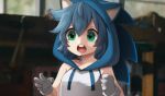  1girl :o animal_hood artist_name bare_shoulders blue_hair breasts genderswap genderswap_(mtf) gloves green_eyes hair_between_eyes hood humanization messy_hair open_mouth personification rayrie scared shirt short_hair sleeveless sleeveless_shirt small_breasts solo sonic sonic_the_hedgehog sonic_the_hedgehog_(movie) teeth white_gloves white_shirt 