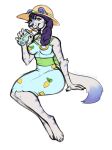  blue_hair bubble_tea currypuppy felid female green_eyes hair hi_res machairodontine mammal rena_dyne smilodon solo sunhat 