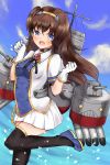  1girl azur_lane beagle_(azur_lane) black_hair black_legwear blue_eyes blush breasts cannon cloud commentary_request fang furam gloves headband highres leg_up long_hair looking_at_viewer ocean shoes sky small_breasts thighhighs torpedo torpedo_tubes water white_gloves 