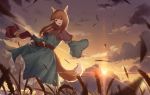  1girl animal_ears blue_dress brown_hair capelet cloud dress fangs from_below highres holo long_hair outdoors pouch red_eyes skirt_hold spice_and_wolf standing sunset tail wheat wolf_ears wolf_tail ziran_majiang 