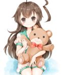  1girl ahoge bangs blush bow brown_eyes brown_hair eyebrows_visible_through_hair holding holding_stuffed_animal huge_ahoge kantai_collection kuma_(kantai_collection) long_hair red_bow sailor_collar school_uniform serafuku shorts smile solo stuffed_animal stuffed_toy teddy_bear white_background yuuki_susumu 