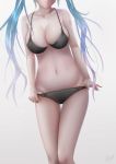  1girl absurdres artist_name black_bra black_panties bow bow_panties bra breasts cleavage collarbone frown groin hatsune_miku head_out_of_frame highres large_breasts long_hair navel omone_hokoma_agm panties panty_tug partially_blind solo strap_gap tattoo thigh_gap thighs twintails underwear vocaloid white_background 