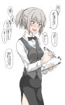  1girl blue_eyes blush bow bowtie check_translation clipboard elf_(stroll_in_the_woods) girls_und_panzer grey_hair grey_vest highres itsumi_erika partially_translated pen short_ponytail side_slit solo sweat translation_request trembling vest white_background 