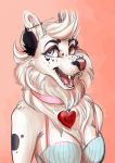  &lt;3 2016 breasts canid canine canis collar corelle-vairel domestic_dog hair_tuft hi_res husky mammal multicolored_eyes neck_tuft nordic_sled_dog open_mouth piercing smile spitz spots tuft 