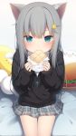  1girl amashiro_natsuki animal_ears bangs bed_sheet black_jacket blue_eyes blurry blurry_background blush cat_ears closed_mouth commentary_request depth_of_field eating eyebrows_behind_hair food food_themed_hair_ornament grey_hair grey_skirt hair_between_eyes hair_ornament hairclip hands_up highres holding holding_food hood hood_down hooded_jacket jacket long_hair long_sleeves original plaid plaid_skirt pleated_skirt sitting skirt sleeves_past_wrists solo thigh_gap very_long_hair 