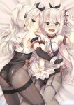  2girls animal_ears apron arm_warmers armpits azur_lane blush breasts bunny_ears bunny_girl bunnysuit cameltoe cat_ears commentary_request fake_animal_ears green_eyes hair_between_eyes hair_ribbon hammann_(azur_lane) highres long_hair looking_at_viewer lying multiple_girls open_mouth pantyhose ribbon sims_(azur_lane) sleeveless small_breasts tongue tongue_out zhen_jian 