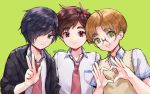  3boys artist_name black_hair black_jacket blue_eyes brown_hair glasses green_eyes hair_over_one_eye heart heart_hands jacket jinnai_enta kuji_toi light_brown_hair male_focus megane_shinchuu multiple_boys necktie open_mouth red_eyes sarazanmai shirt short_sleeves smile standing sweater_vest upper_body v white_shirt yasaka_kazuki 