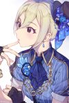  1girl black_eyes black_gloves blonde_hair blue_neckwear blue_shirt earrings finger_to_mouth fingerless_gloves gloves hair_between_eyes idolmaster idolmaster_cinderella_girls idolmaster_cinderella_girls_starlight_stage inzup jewelry parted_lips shiomi_shuuko shirt short_hair short_sleeves simple_background solo striped striped_shirt upper_body vertical-striped_shirt vertical_stripes white_background 