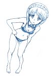  1girl bangs bbb_(friskuser) bikini blue_theme bow bowtie breasts commentary_request cutlass_(girls_und_panzer) detached_collar eyebrows_visible_through_hair full_body girls_und_panzer hand_on_hip highres leaning_to_the_side legs looking_at_viewer maid_headdress monochrome navel parted_lips partial_commentary short_hair small_breasts smile solo standing swimsuit 