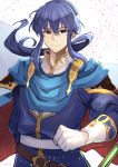  1boy blue_eyes blue_hair cape celice_(fire_emblem) fire_emblem fire_emblem:_seisen_no_keifu gloves headband highres long_hair looking_at_viewer male_focus nakabayashi_zun ponytail simple_background smile solo 