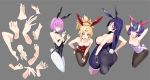  4girls animal_ears areola_slip areolae armpits arms_behind_head arms_up ass back bangs bare_shoulders blonde_hair blush bow bowtie braid breasts bunny_ears bunny_tail cleavage closed_mouth collarbone detached_collar earrings eyeliner fate/apocrypha fate/grand_order fate_(series) feet forehead_jewel french_braid glasses green_eyes grey_background hair_between_eyes hair_ornament hair_over_one_eye hair_scrunchie hands headpiece heart highleg highleg_leotard highres horns jewelry kakumayu large_breasts lavender_hair leaning_forward leotard long_hair looking_at_viewer looking_back low-tied_long_hair makeup mash_kyrielight medium_breasts minamoto_no_raikou_(fate/grand_order) mordred_(fate) mordred_(fate)_(all) multiple_girls oni oni_horns open_mouth pantyhose parted_bangs pointy_ears ponytail purple_eyes purple_hair scrunchie short_hair shuten_douji_(fate/grand_order) shuten_douji_(halloween_caster)_(fate) sidelocks simple_background sketch small_breasts smile tail thighs very_long_hair wrist_cuffs 