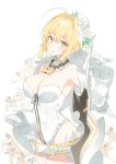  1girl :o aestus_estus ahoge armpits bangs bare_shoulders belt blonde_hair breasts bridal_veil chain cleavage cowboy_shot detached_collar detached_sleeves fate/grand_order fate_(series) flower full-length_zipper gloves green_eyes hair_intakes highres holding holding_sword holding_weapon large_breasts leotard lily_(flower) lock long_sleeves looking_at_viewer nero_claudius_(bride)_(fate) nero_claudius_(fate)_(all) padlock parted_lips ronopu short_hair sidelocks single_garter_strap solo standing sword thighhighs thighs veil weapon white_flower white_gloves white_legwear white_leotard wide_sleeves zipper zipper_pull_tab 