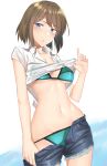  1girl bare_arms bikini bikini_under_clothes blue_bikini blue_eyes blush breasts brown_hair cleavage collarbone collared_shirt commentary_request cowboy_shot cutoffs denim denim_shorts groin hair_ornament hand_up highres kantai_collection looking_at_viewer maya_(kantai_collection) medium_breasts navel open_fly pallad parted_lips shirt shirt_lift short_hair short_shorts short_sleeves shorts shorts_pull solo standing stomach swimsuit white_background white_shirt x_hair_ornament 